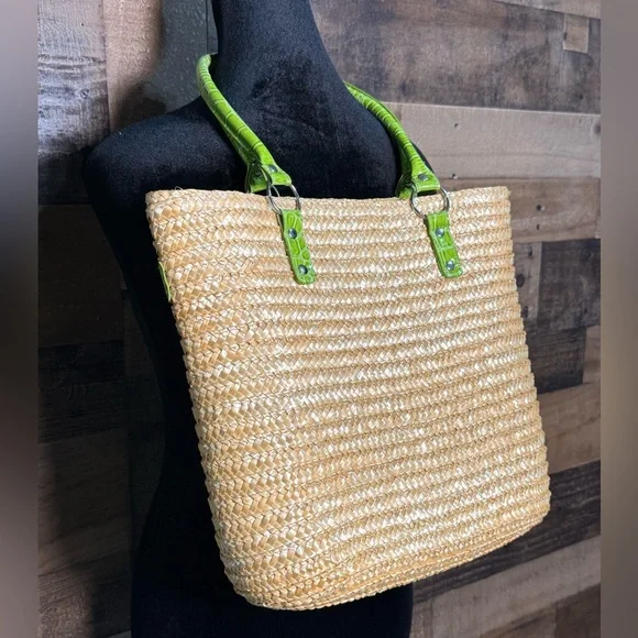 Straw Summer Beach Swim Tote Tan Green SM 317 - Picture 3 of 6